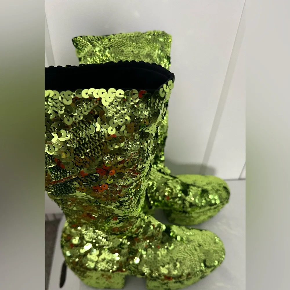Prada Green Sequined Platform Boots - Picture 4 of 12